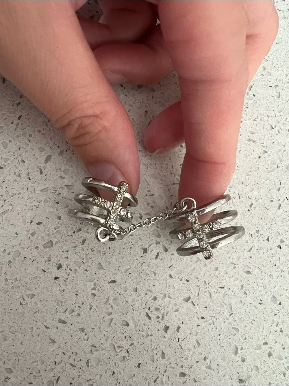 Silver Multi-Band Link Chain Ring with Clear Stones - Women Jewelry